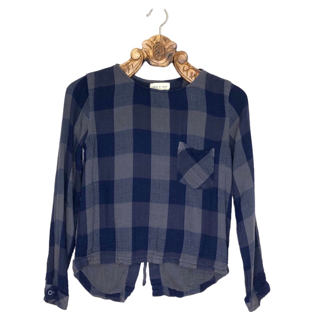 Anthropologie Cloth & Stone Top Plaid Flannel Blue Grey Lace Up Back High Low xs